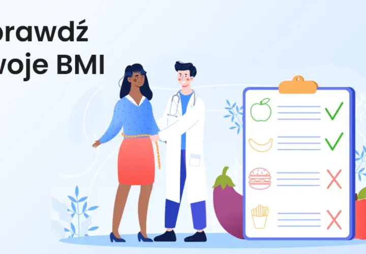 Lekarz mierzy obwód talii pacjentki, by pomóc jej dowiedzieć się, jak obliczyć BMI. Na tablicy lista zdrowej żywności.