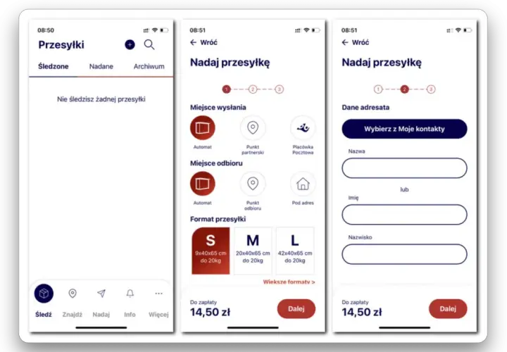 Aplikacja Pocztex: wybierz miejsce wysłania, odbioru i format paczki, by nadać przesyłkę.
