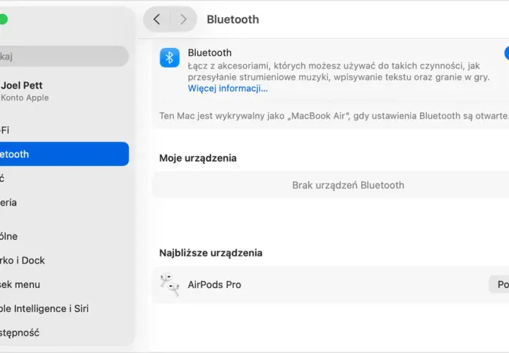 Jak dodać AirPods do laptopa? W ustawieniach Bluetooth widzisz listę "Najbliższe urządzenia", gdzie AirPods Pro czekają na połączenie.
