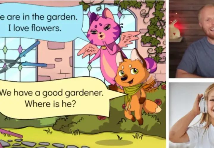 Dibujo animado de gatitos en un jardín, ideal para clases extraescolares en inglés. Un hombre saluda y una niña escucha música.
