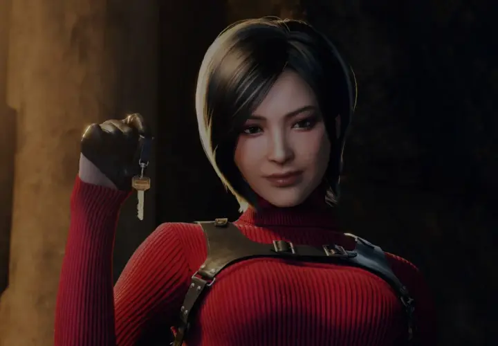 Ada Wong w czerwonym golfie i czarnych rękawiczkach trzyma klucz.