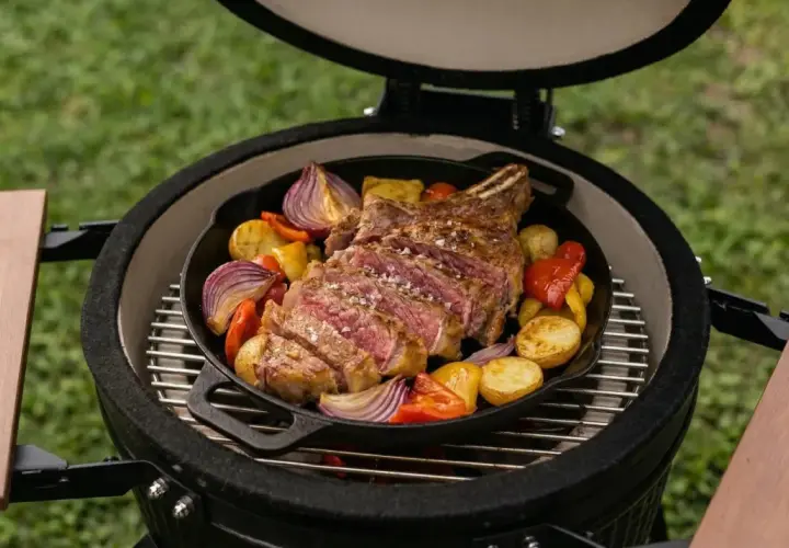 Un succulent côte de bœuf au feu de bois, tranché et servi avec des pommes de terre, des oignons rouges et des poivrons dans une poêle en fonte sur un barbecue.