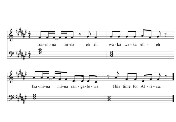 Proste piosenki na pianino z tekstem "Tsa-mi-na mi-na" i "This time for Africa".