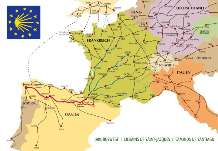 Mapa szlaków pielgrzymkowych Camino de Santiago, ukazująca trasy przez Francję, Hiszpanię, Portugalię i inne kraje Europy.