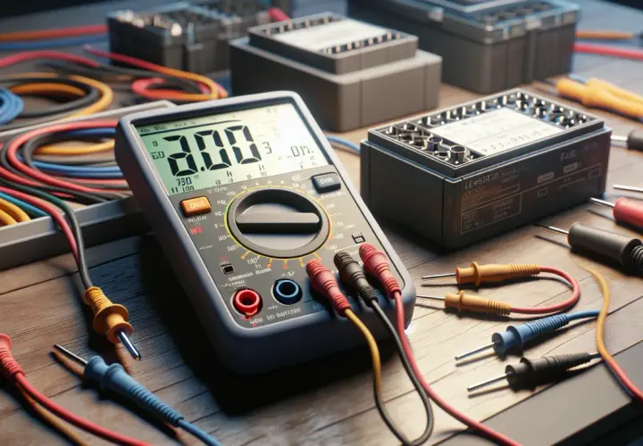 Multimetr i kable na drewnianym stole. Jak obliczyć bezpiecznik? Narzędzia do pomiarów elektrycznych.