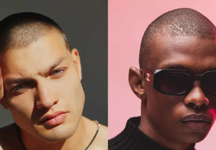 Dos hombres con corte de pelo hombre adulto. Uno con la mano en la cabeza, el otro con gafas de sol.