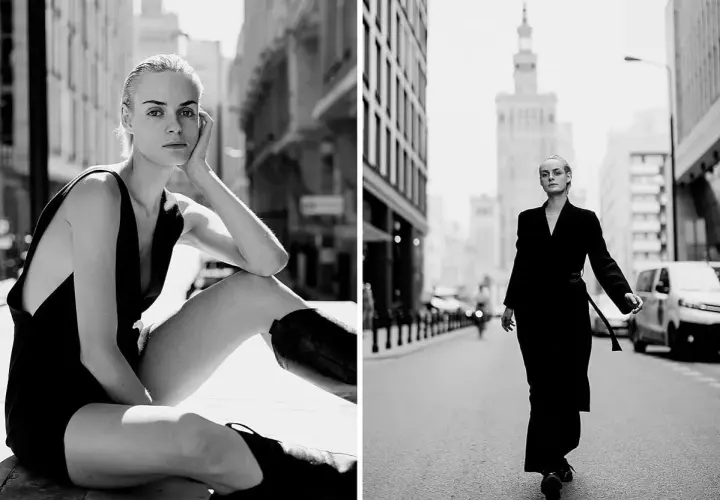 Dwie fotografie ludzi. Kobieta w czarnym stroju siedzi na ulicy, a w drugiej kadrze idzie miejskim deptakiem.