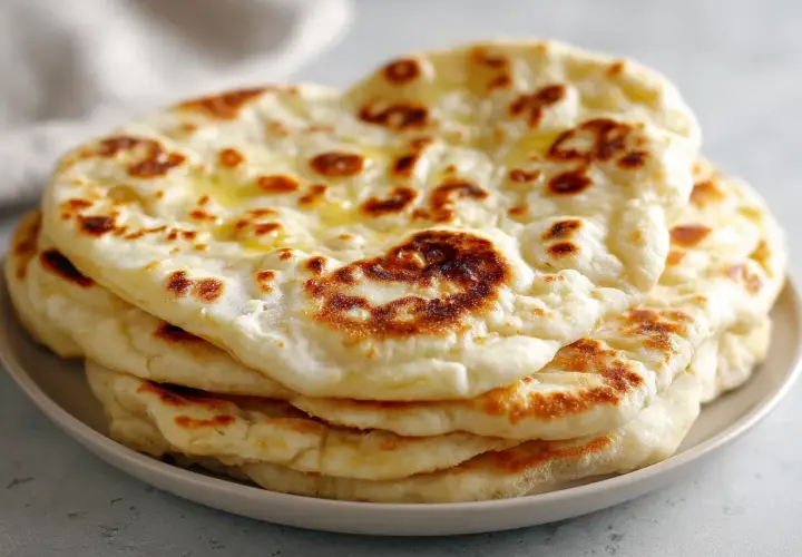 En hög med nybakade, gyllene naanbröd, perfekt för ditt nästa naan recept. Smält smör glänser på de fluffiga bröden.