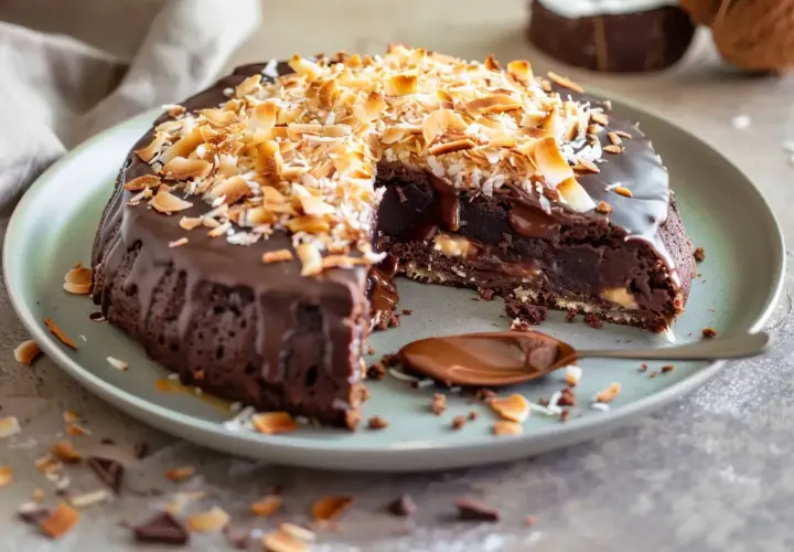 En saftig falsk toscakaka med chokladglasyr och rostad kokos. En sked med chokladsås ligger bredvid.