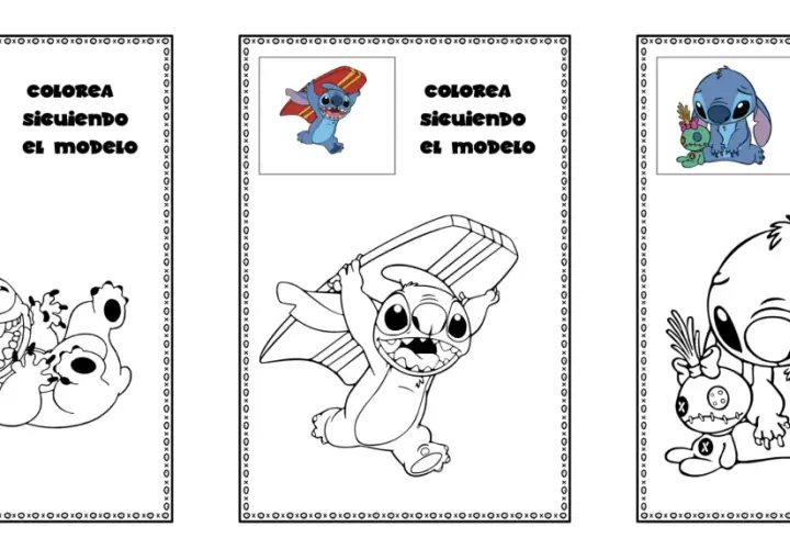 Dibujos para colorear de Stitch: tres escenas de Stitch, una riendo, otra con tabla de surf y una triste con muñeco.