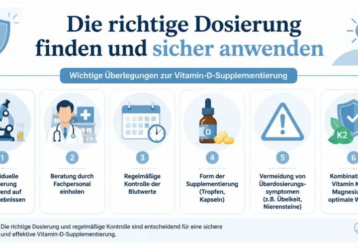 Die richtige Vitamin-D-Dosierung hängt von Testergebnissen ab. Regelmäßige Blutkontrollen und Fachberatung helfen, wie lange es dauert, bis ein Vitamin D-Mangel behoben ist.