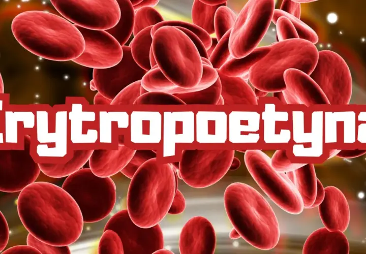 Czerwone krwinki unoszą się w tle, a na pierwszym planie napis "Erytropoetyna".