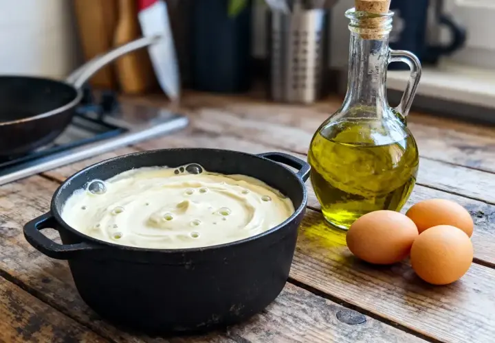 Préparation d'une mayonnaise maison avec des œufs frais et de l'huile d'olive.