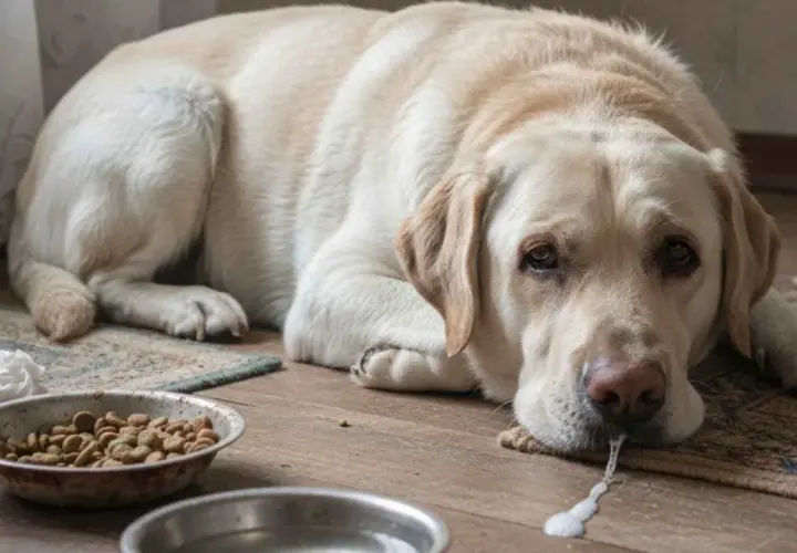 Labrador con espuma en la boca, cerca de su plato de comida. Podría ser uno de los tipos de vómitos en perros.