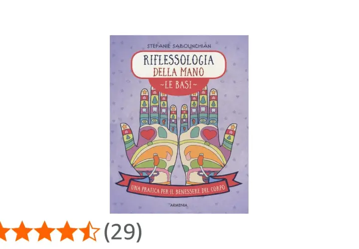 Illustration of two hands with colorful reflexology zones, book title "Riflessologia della Mano".