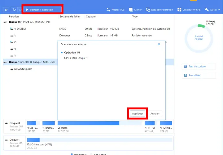 Interface EaseUS Partition Master montrant comment initialiser un disque dur. Une opération "GPT à MBR Disque 1" est en attente, prête à être appliquée.