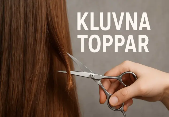 En hand klipper bort kluvna toppar från långt, brunt hår med en sax.