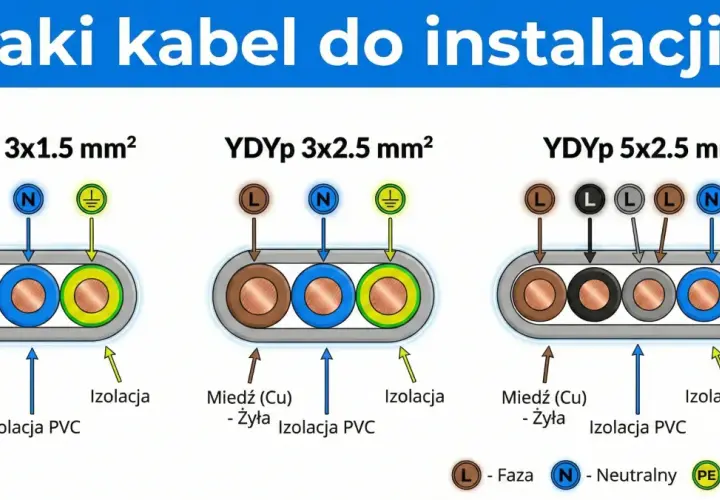 Ilustracja pokazuje jakie kable do gniazdek wybrać: YDYp 3x1.5 mm², YDYp 3x2.5 mm² i YDYp 5x2.5 mm², z oznaczeniami fazy, neutralnego i ochronnego.