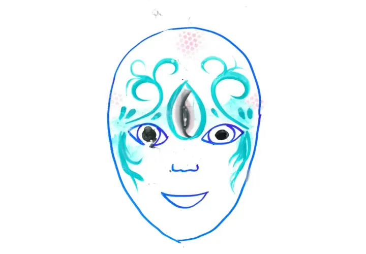 Disegno di un volto con trucco unicorno bimba facile: occhi grandi, terzo occhio e decorazioni azzurre.