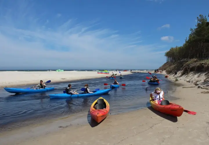 Kajaki płynące rzeką w Piaśnicy Dębki. Słoneczny dzień, piaszczysta plaża i las sosnowy w tle.