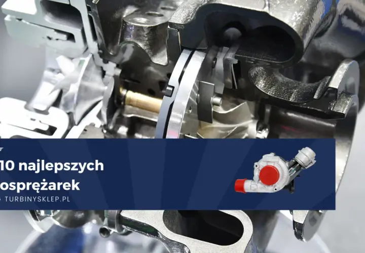 Przekrój turbosprężarki, prezentujący jej wewnętrzne mechanizmy. Artykuł omawia różne rodzaje turbosprężarek.
