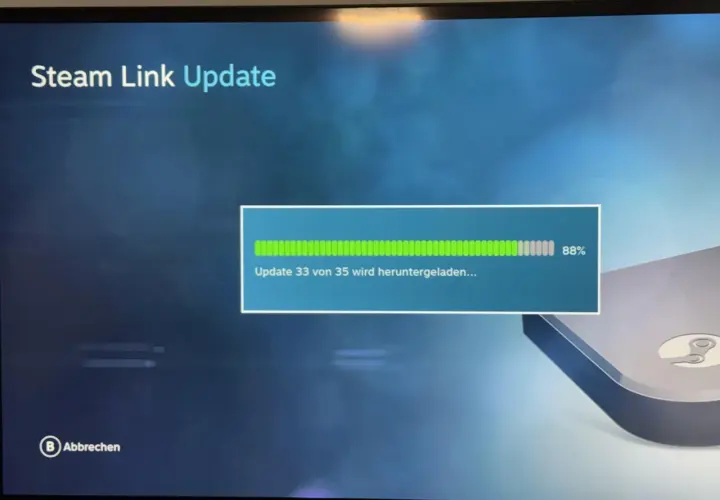 Ekran Steam Link Update pokazuje postęp pobierania aktualizacji 33 z 35. Gdzie jest link do wymiany Steam?