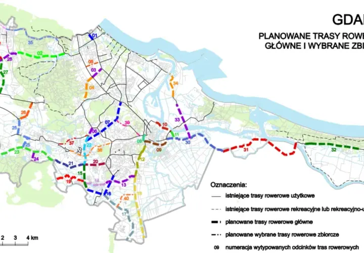 Mapa planowanych tras rowerowych w Gdańsku, z zaznaczoną ścieżką na wyspie sobieszewskiej rowerem.