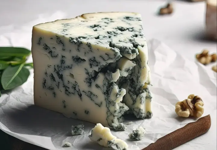 Kawałek sera gorgonzola, co to za przysmak? Kremowy, z niebieskimi żyłkami, obok orzechy włoskie i listki.