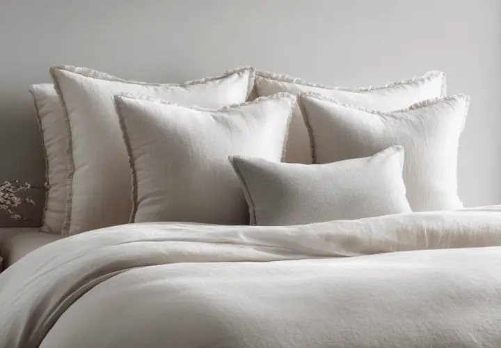 A bed with a duvet and several pillows, including what is a standard sham, all in neutral tones.
