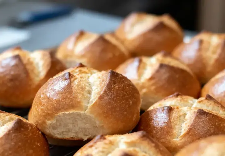 Une fournée de petits pains allemands dorés et croustillants, prêts à être dégustés.