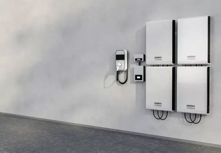 Cztery białe moduły magazynowania energii "ENERGY STORAGE" zamontowane na szarej ścianie obok ładowarki EV.