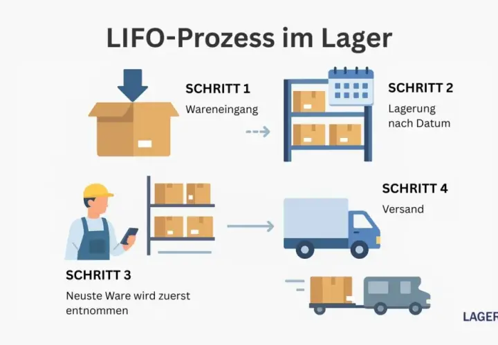 Lagerprozess: Wareneingang, Lagerung nach Datum, Entnahme der neuesten Ware (last in first out), Versand.