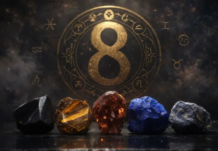 Pięć kryształów przed złotym znakiem ósemki i zodiaku. Numerologia 8 w centrum uwagi.