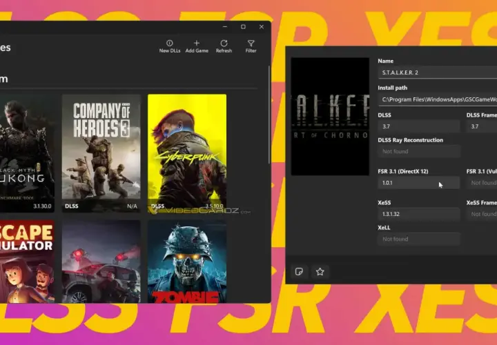 DLSS Swapper zeigt Spiele wie Cyberpunk 2077 und S.T.A.L.K.E.R. 2. Die rechte Seite listet DLSS-Versionen und andere Upscaling-Technologien auf.