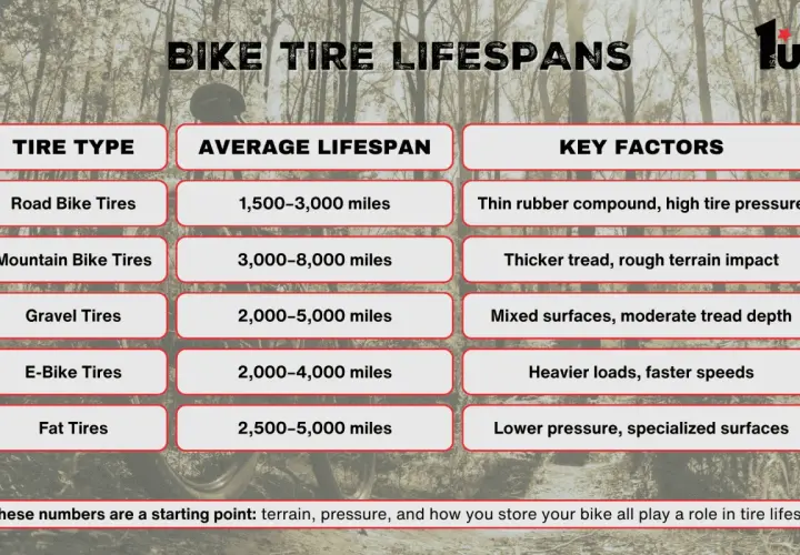 Mountain bike tires last 3,000-8,000 miles, depending on tread, terrain, and impact.