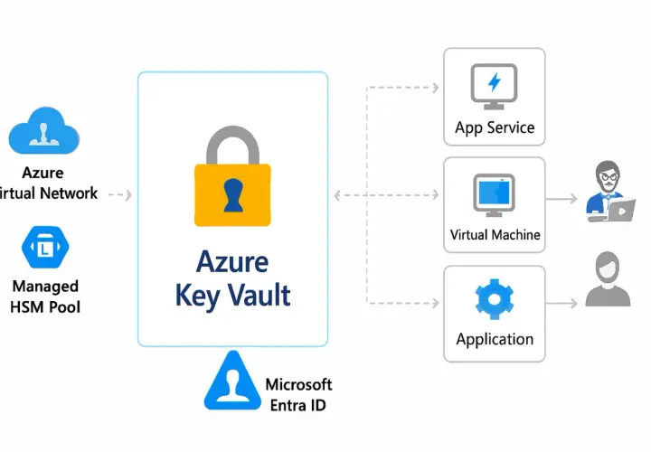 Schéma montrant comment Azure Key Vault sécurise les applications, les machines virtuelles et les services via Microsoft Entra ID.
