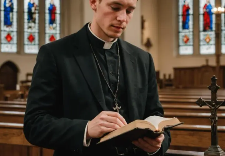 Ksiądz w kościele czyta Biblię. Zastanawia się, czy palcówka to grzech, szukając odpowiedzi w świętych księgach.