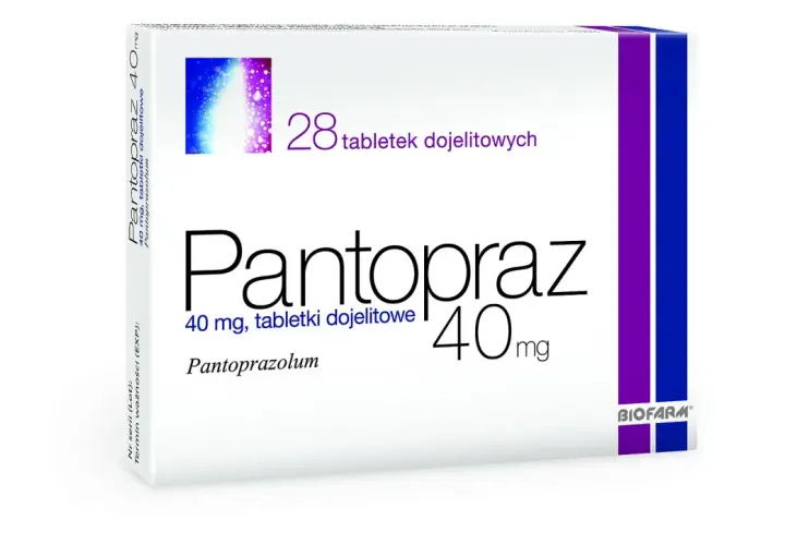 Opakowanie leku Pantopraz 40 mg, zawierające 28 tabletek dojelitowych. Producent: BIOFARM.