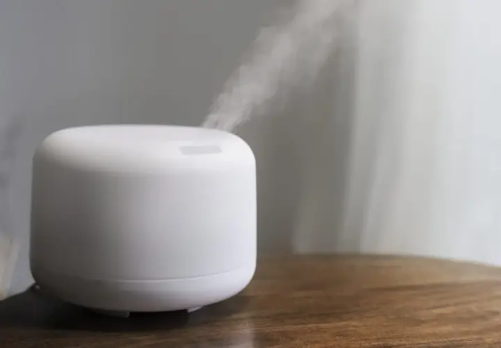 Humidificador blanco emitiendo vapor, ideal para aliviar la congestión por alergia y mejorar la calidad del aire en tu hogar.