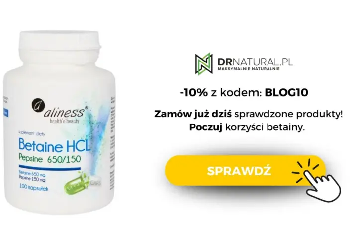 Suplement diety Betaine HCL Pepsine 650/150 od Aliness. Pomaga w walce z refluksem. Zamów i poczuj korzyści betainy.