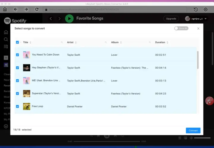 Wybieranie ulubionych utworów do konwersji, pokazujące, czym jest Spotify i jak można zarządzać swoją muzyką.