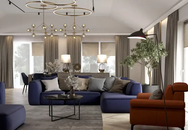 Nowoczesny salon z aneksem kuchennym 30m2 projekt: granatowa sofa, pomarańczowy fotel, designerskie lampy i jadalnia w tle.