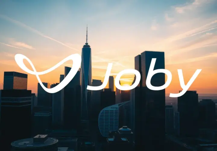 Sonnenuntergang über einer Skyline mit dem Schriftzug "Joby". Die Joby Aviation Aktie könnte bald abheben.