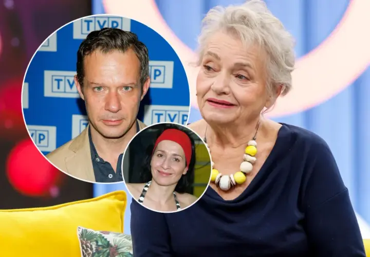 Anna Seniuk z synem Grzegorzem i jego żoną. Wizerunki bliskich w kolażu.