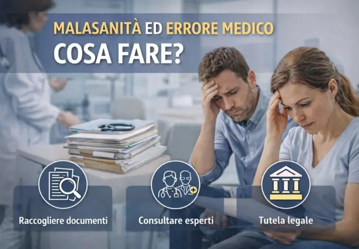 Coppia preoccupata per malasanità ed errore medico. Tre icone: raccogliere documenti, consultare esperti, tutela legale.