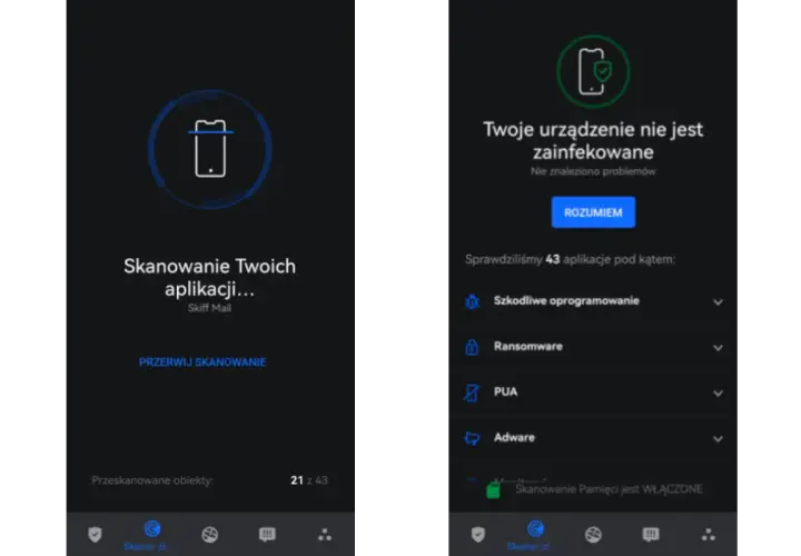 Skanowanie telefonu w poszukiwaniu wirusów zakończone. Twoje urządzenie jest czyste. Dowiedz się, jak usunąć wirusy z telefonu, jeśli skaner coś wykryje.