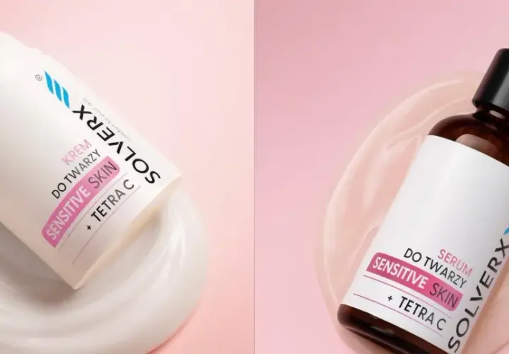 Krem i serum do twarzy SOLVERX z tetraizopalmitynianem askorbylu dla skóry wrażliwej, prezentowane na różowym tle z emulsją.