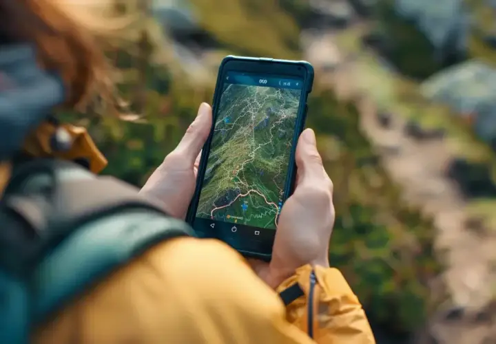 Ręce trzymają smartfon z mapą szlaków. Ta aplikacja w góry pomoże Ci zaplanować trasę i nie zgubić się wśród zielonych zboczy.
