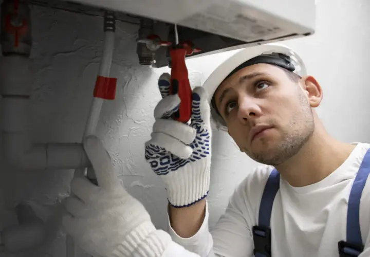 Instalator w rękawicach i kasku używa klucza do regulacji zaworu. Prawdopodobnie przygotowuje środek do płukania instalacji CO.