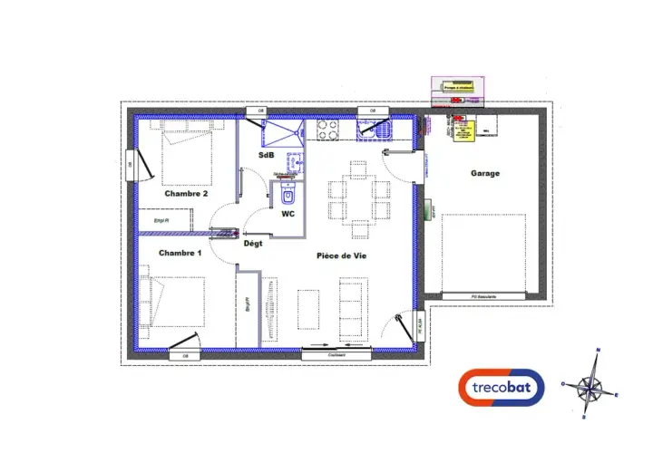 Plan de garage accolé à la maison, comprenant deux chambres, une pièce de vie, une salle de bain, un WC et un garage.